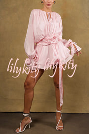 Solid Color Long Sleeve V-Neck Lace-Up Elegant Flower Decorated Mini Dress