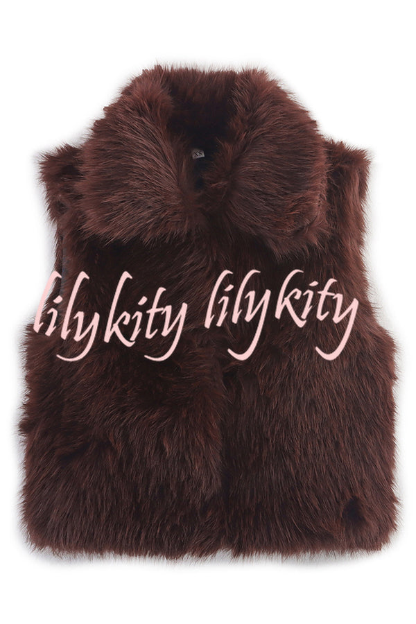 Stylish Collared Sleeveless Short Faux Fur Vest
