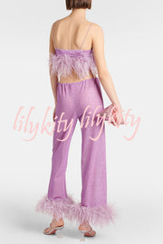 Music Carnival Glitter Stretch Fabric Feather Trim Tank and Elastic Waisted Flared Pants Set