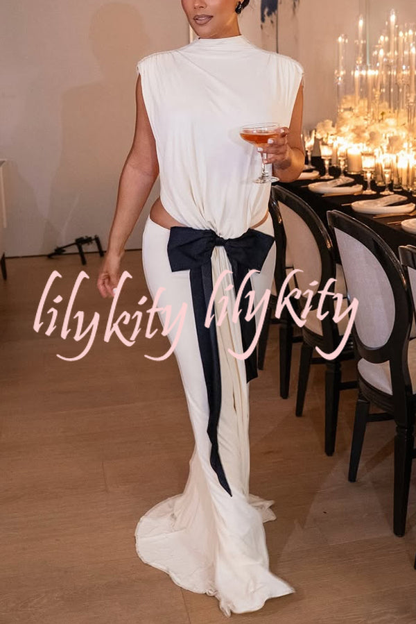 Sexy Open Back Bow Embellished Elegant Fishtail Maxi Dress