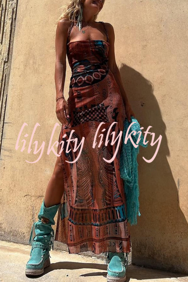 Gypsy Style Unique Print Cowl Neck Back Lace-up Slit Midi Dress