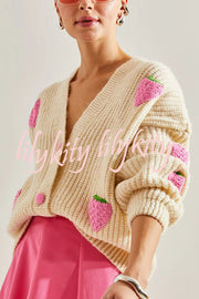 Stylish and Sweet V-neck Strawberry Embellished Knitted Cardigan