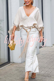 Joyful Bond Linen Blend V-neck Knotted Cuff Half Sleeve Loose Top