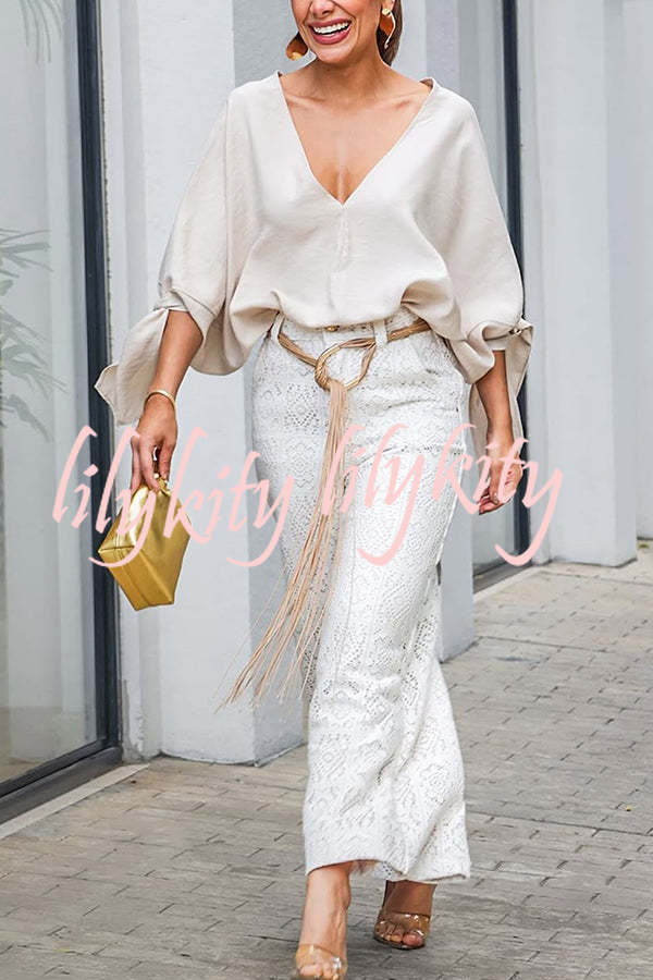 Joyful Bond Linen Blend V-neck Knotted Cuff Half Sleeve Loose Top