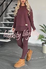 Solid Color Crew Neck Long Sleeve Top and Casual Stretch Pants Set