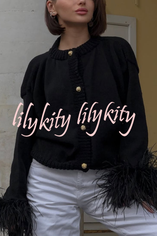 Solid Color Elegant Feather Long Sleeve Casual Knitted Cardigan