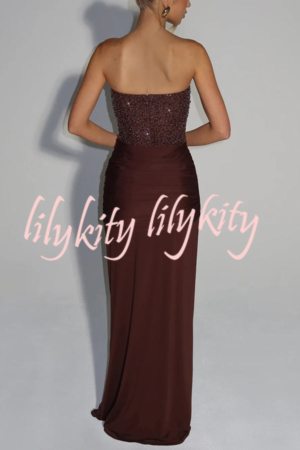 Carina Sequined and Satin Jersey Off Shoulder Ruched Knot Drape Maxi Dress