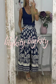 Unique Print Elastic Waist Loose Pocket Holiday Wide Leg Pants