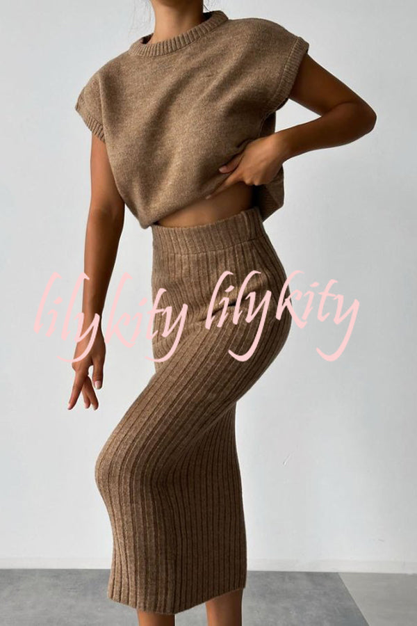 Triko Knit Short Sleeve Sweater and Stretch Ribbed Midi Skirt Set