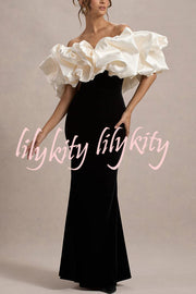 Cecily Velvet Off Shoulder Satin Structured Bardot Neck Stretch Maxi Dress