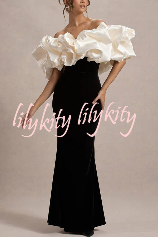 Cecily Velvet Off Shoulder Satin Structured Bardot Neck Stretch Maxi Dress