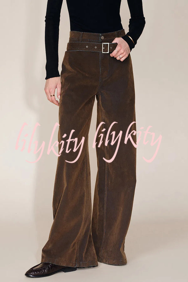 Taylor Denim Mid Rise Detachable Belt Flocked Pocket Wide Leg Jeans