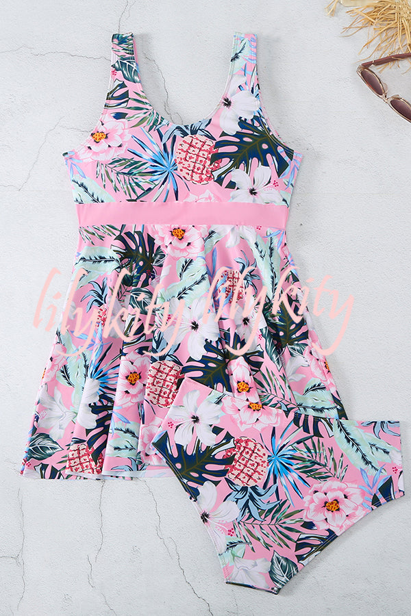 Cheerful Floral Print Bow Detail Tankini Swimsuit Set