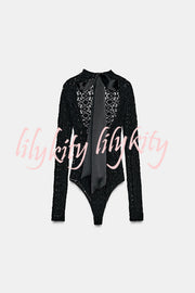 Anna Semi-sheer Lace Long Sleeve Back Bow Tie-up Cutout Stretch Bodysuit