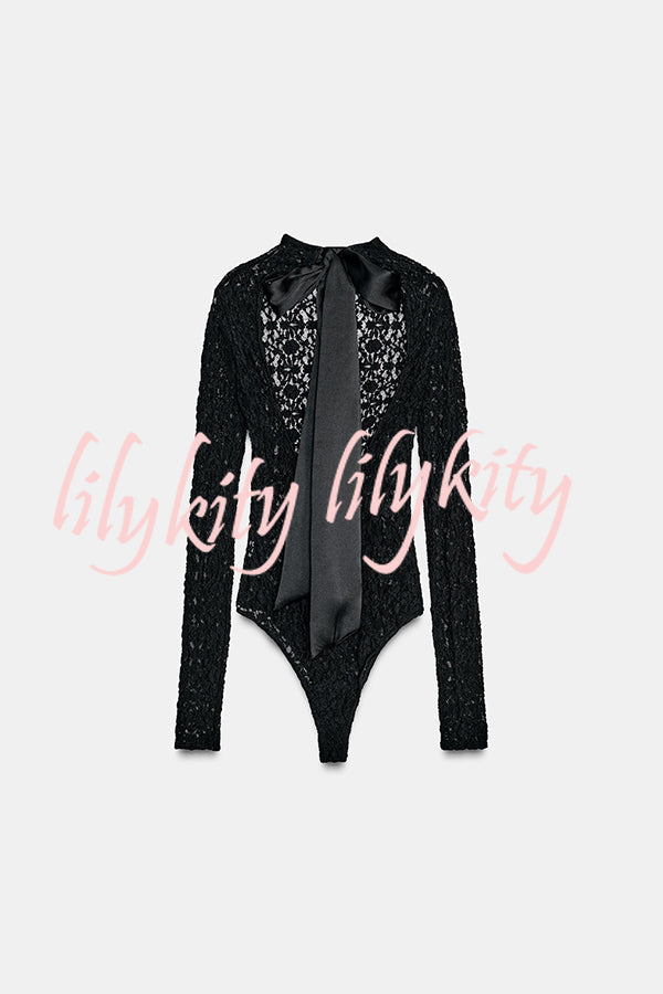 Anna Semi-sheer Lace Long Sleeve Back Bow Tie-up Cutout Stretch Bodysuit