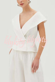 Velena Linen Blend Button Up Lapel Top and High Rise Pocket Wide Leg Pants Set