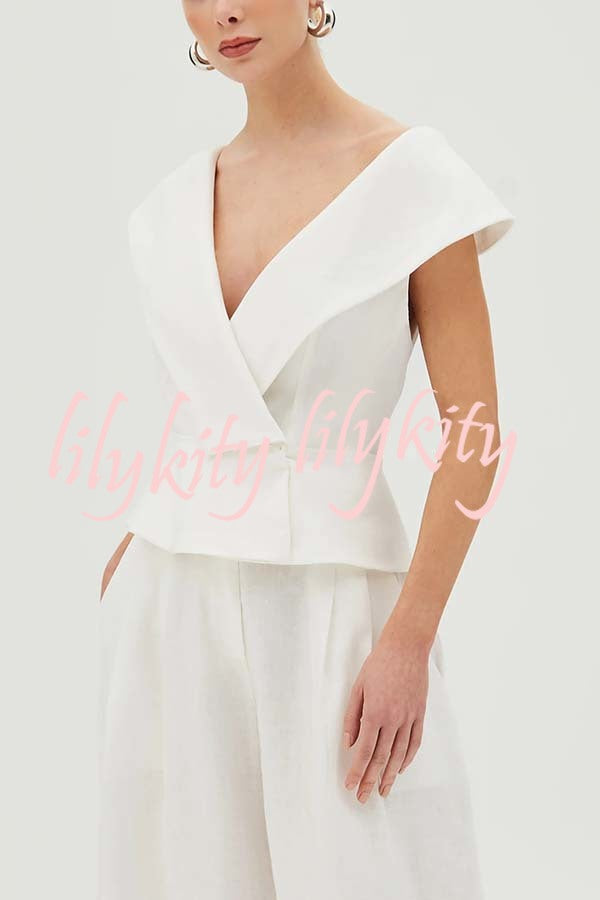 Velena Linen Blend Button Up Lapel Top and High Rise Pocket Wide Leg Pants Set