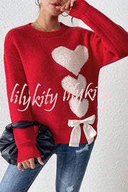 Love Jacquard Loose Cute Bowknitted Long Sleeve Sweater