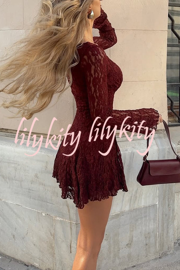 Fashionable Lace Long-sleeved V-neck Slim-fit Mini Dress