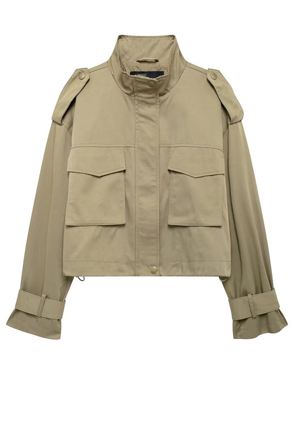 Classic Charm Strap Details Pocketed Cargo Style Zipper Loose Jacket