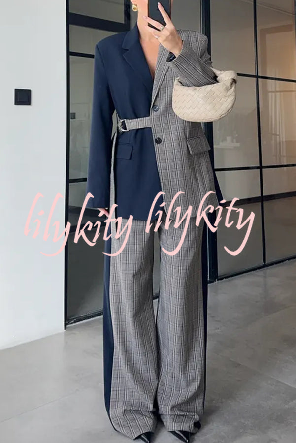 Nayla Plaid Contrast Color Belted Long Sleeve Lapel Blazer and Pocketed Wide Leg Pants Set