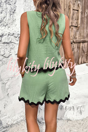 Casual Wavy Edge Buttoned Elastic Waist Shorts Set