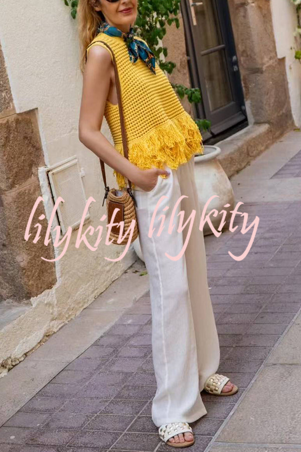 Solid Color Round Neck Sleeveless Hollow Tassel Loose Vest