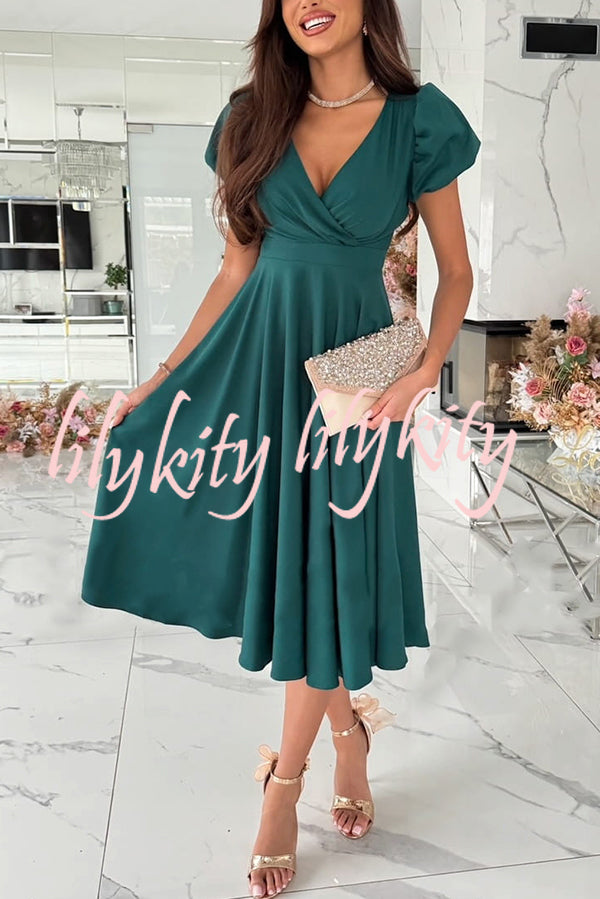 Zayla Solid Color Puff Sleeve V-neck Waist Slim Fit Midi Dress