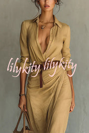 City Sleek Single Breasted Long Sleeve Warp Slit Shirt Maxi Dress