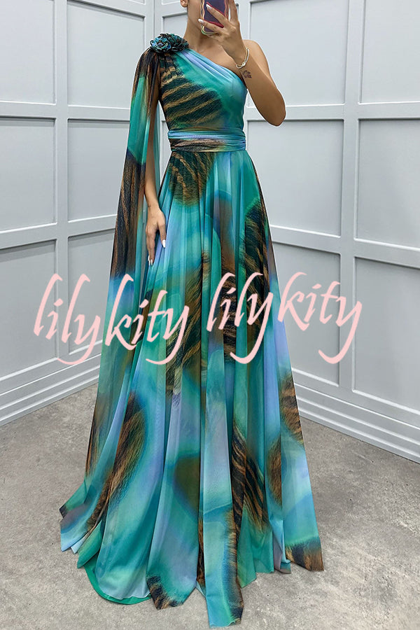 Lucia Unique Print Floral Detail One Shoulder Draped Sleeve Gown Maxi Dress