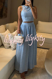 Kaya Embroidery Hollow Lace Back Smocked Tank and Elastic Waist A-line Maxi Skirt Set