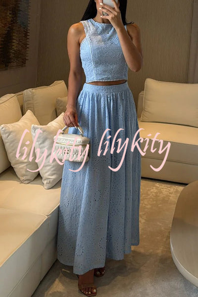 Kaya Embroidery Hollow Lace Back Smocked Tank and Elastic Waist A-line Maxi Skirt Set