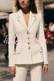 Women Power Metal Cross Snap Button Long Sleeve Lapel Blazer