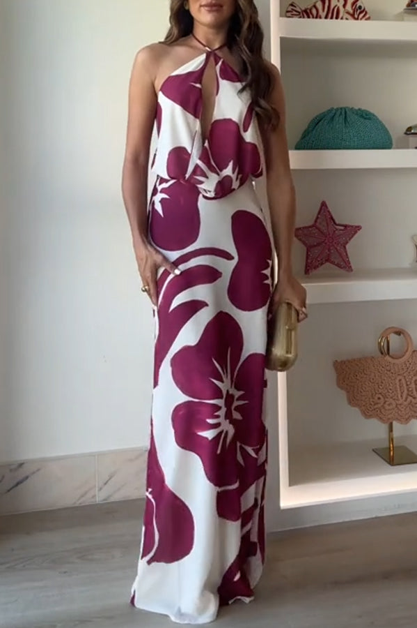 Leslie Flower Print Halter Cutout Cowl Neck Backless Maxi Dress
