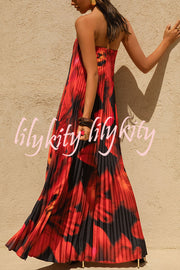For Every Occasion Satin Pleated Floral Print V-wire Bandeau Neck Maxi Dress