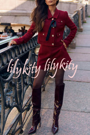 Sweet Dreams Tweed Bow Neck Button Long Sleeve Pocket Crop Jacket
