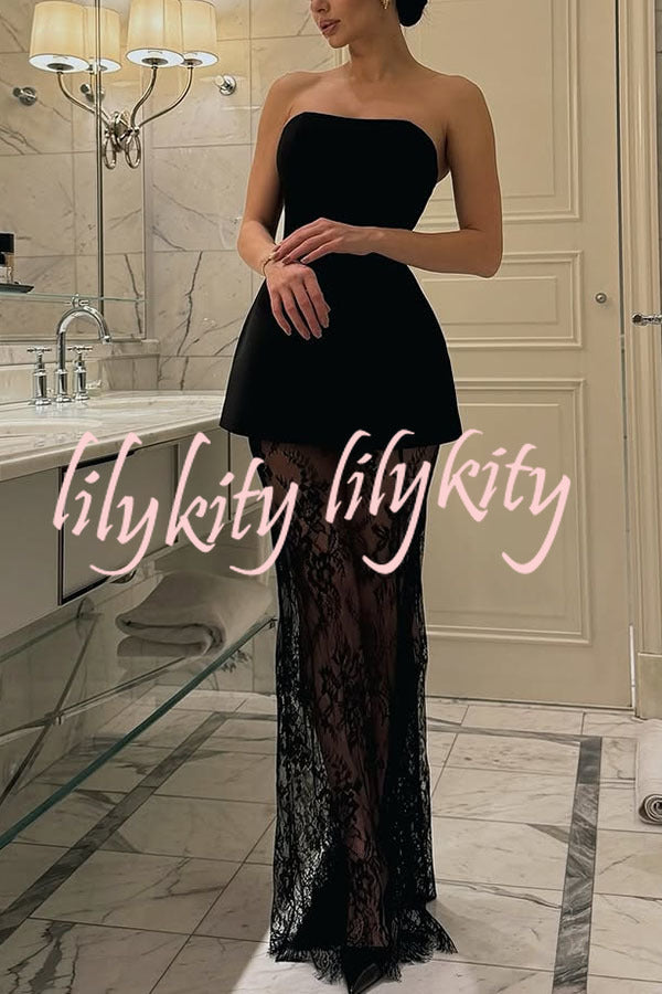 Start The Party Bandeau Top and Lace Elastic Waist Maxi Skirt Set