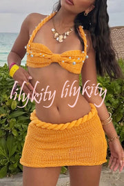 Sexy Halterneck Pearl-embellished Lace-up Tank and Fitted Knit Mini Skirt Set