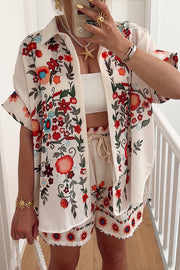 Linen Blend Floral Print Short Sleeve Loose Shirt and Elastic Waist Tie Casual Shorts Set
