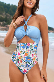 Botanical Floral Print Halterneck Hollow Stretch One-piece Swimsuit