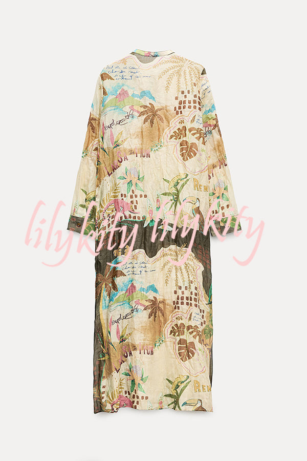 Cayla Linen Blend Unique Print Button Long Sleeve Shirt Midi Dress