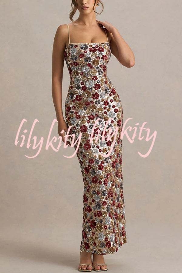 The Center of Attention Floral Print Sequin Square Neck Slip Stretch Maxi Dress