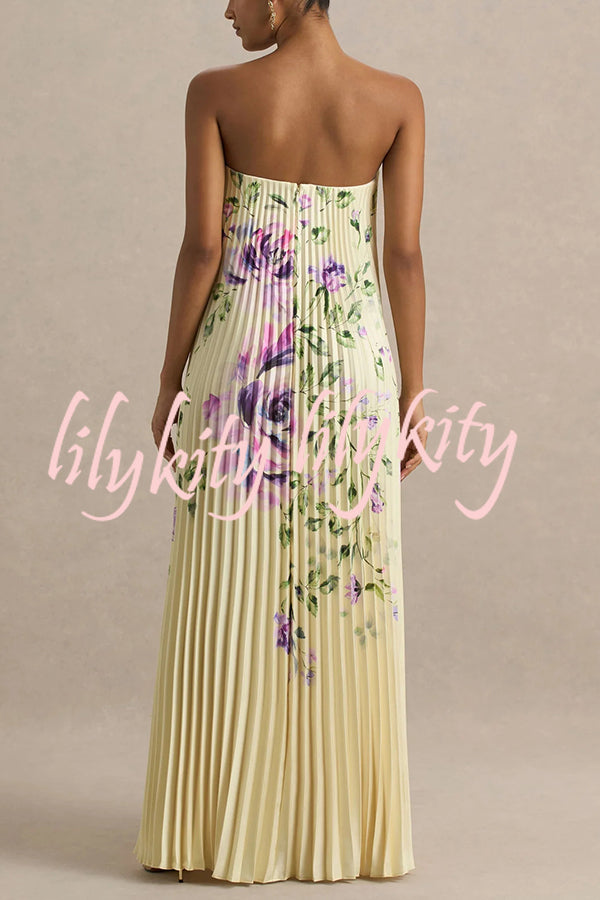 For Every Occasion Satin Pleated Floral Print V-wire Bandeau Neck Maxi Dress