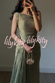 Fashion One-shoulder Pleated Ribbon Slim Slit Maxi Dress
