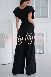 Solid Color V-neck Waist Casual Wide-leg Jumpsuit