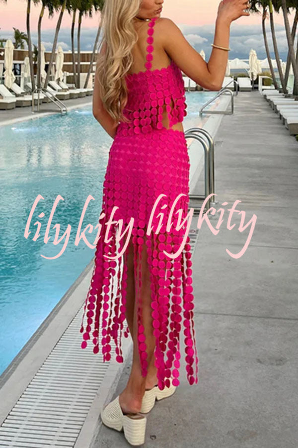 Caitlin See Through Circle Embroidery Square Neck Tassle Hem Slip Tank