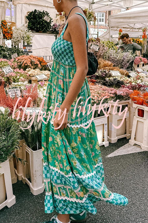 Yolanda Ric Rac Trims Unique Print Smocked Bust Back Lace-up Maxi Dress