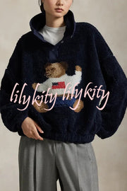 American Retro Polo Bear Pattern Stand Button Neck Long Sleeve Fleece Pullover