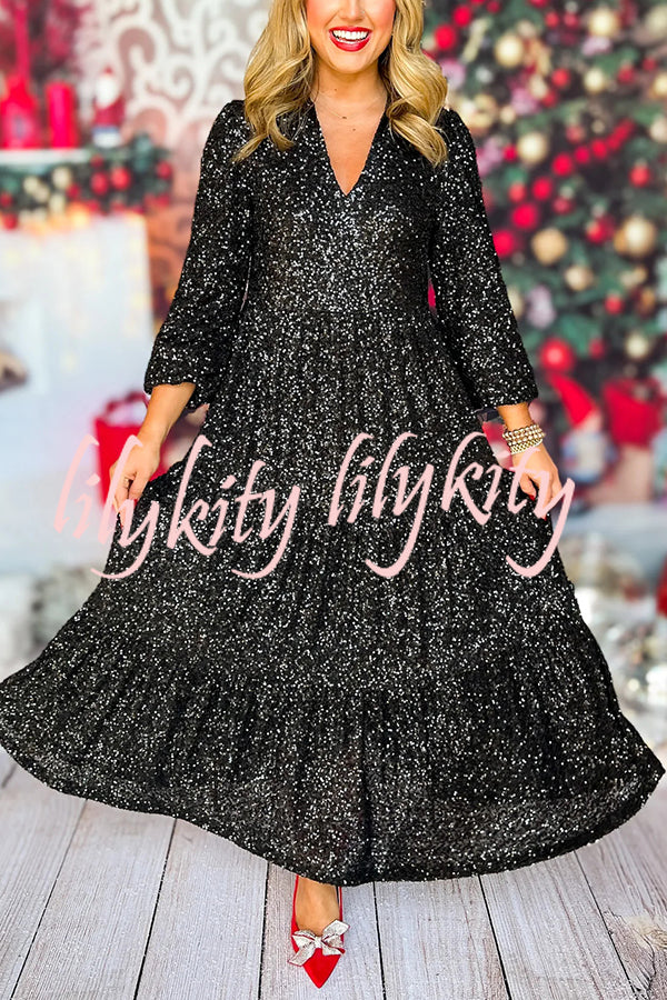 Christmas Elegant Sequin Long Sleeve V Neck Midi Dress