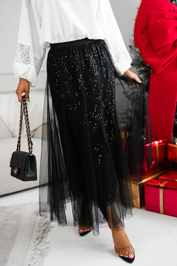 Party Daydream Sequin Tulle High Rise Elastic Waist Maxi Skirt